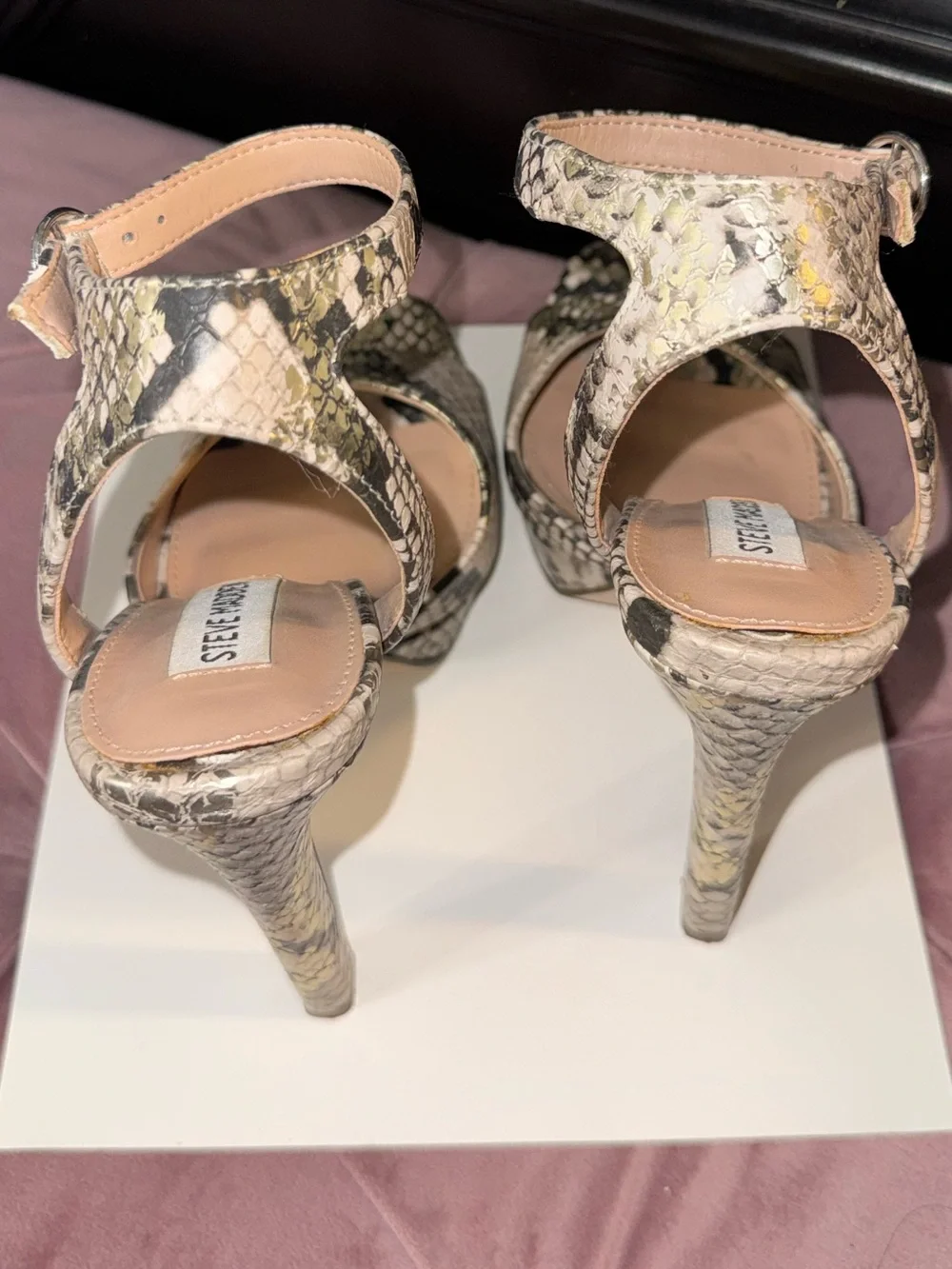 Steve Madden Snakeskin Platform Ankle-Strap Heels in Neutral Tones